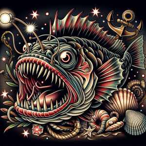 Angler fish in an old school tattoo style