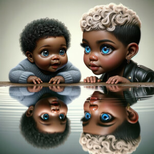A curious cute african-American, baby with huge blue eyes and cu...