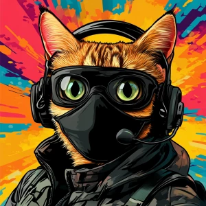A wide-eyed ginger cat wearing a black tactical balaclava (or ma...