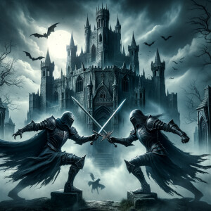 Two black knights sword fighting in front of undead castle