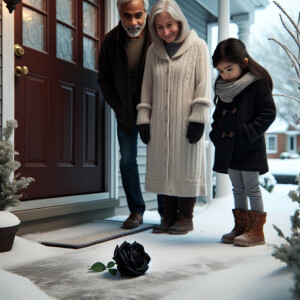 In winter, a father, mother and daughter stand near the threshol...