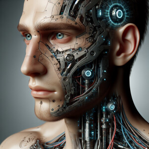 Close-up headshot of a male cyborg, revealing intricate electron...