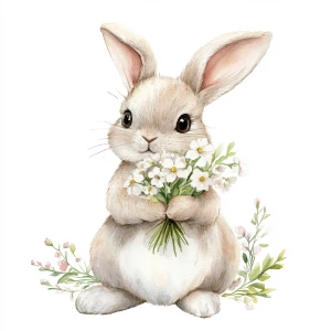 cute light colored rabbit with a sweet face, sitting, holding a...