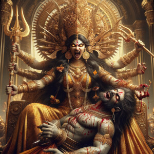 portrait of angry looking goddess durga sitting on a gold crown...