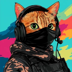 A wide-eyed ginger cat wearing a black tactical balaclava (or ma...