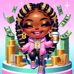 Create a detailed, high-gloss image of a lively chibi-style Afri...