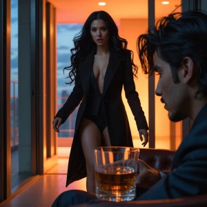 A cinematic, moody evening scene in a modern high-rise apartment...