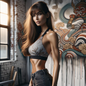 Athletic Thin skinny Attractive, Asian teenage girl, long brown hair and bangs, wearing tight skinny jeans and a halter top paint marks on her clothing, heroic pose Asian graffiti background, side view