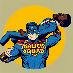 Нарисуй супер героя с надписью на груди KALICH SQUAD,в руке он д...