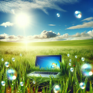 grassy bright field, bubbles floating around, a computer centere...