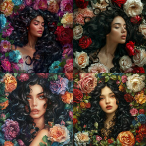 The most beautiful long and curly black haired woman surrounded...