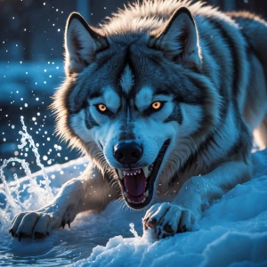 a magnificent bioluminescent husky growling, it's mouth open and...