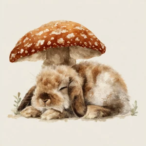 Fluffy rabbit sleeping under spotted mushroom, watercolor style,...