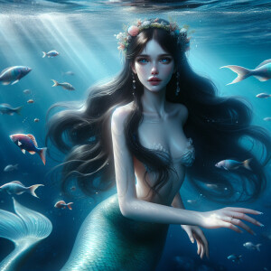 A mermaid with pale skin and cold eyes. Long dark hair. Floating...