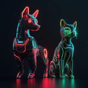 Create an image of a futuristic cybernetic dog and a robotic cat...