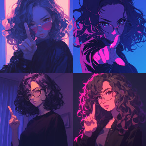 Curly-haired girl with glasses shows her middle finger at the fr...