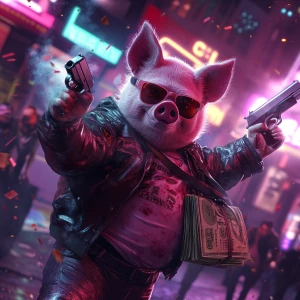 Moon pig holding a smoking pistol in one hand and a duffel bag f...