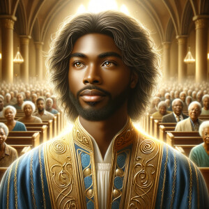 Illustrate an inspiring African-American Jesus crust with a dign...