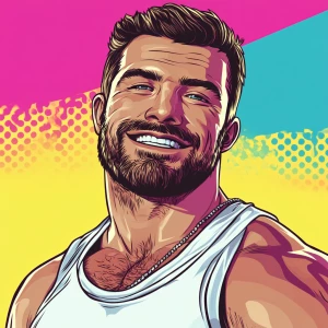 White muscular thin man with beard, big chin, smile and cheekbon...