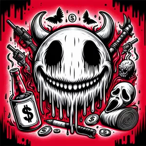 Create a bold horror themed cartoon smiley ghostface mascot logo...