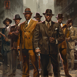 **Visual Prompt for a Group of 1930's G-Men Led by Delroy Lindo:...