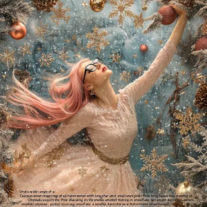Snowflakes!"Create a wide-angle image of a Caucasian woman with...