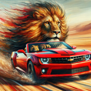 A lion speeding through the desert in a red Camaro convertible,...