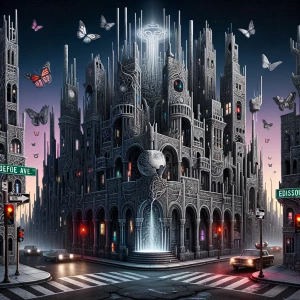 A surreal black-and-grey city at twilight, cracked and dreamlike...
