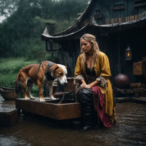 A drenched Wench clothes torn, squatting,  chained to a feeding...