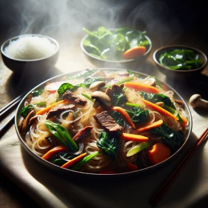 Create an impressionist painting of traditional Korean Japchae (...