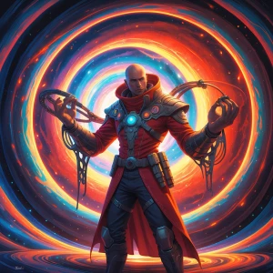 In the center of a swirling vortex of colors and light stands a...