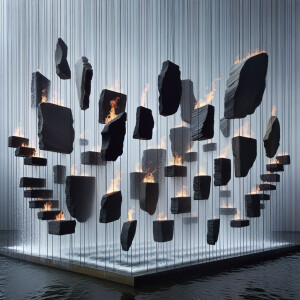 Black slate stone, floating waterfall connected through stainles...