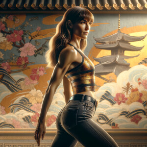 Athletic Thin skinny Attractive, Asian teenage girl, long brown hair and bangs, wearing tight skinny jeans and a halter top paint marks on her clothing, heroic pose Asian graffiti background, backside view