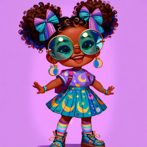 A chibi-style image of an African American 3-year-old girl, stan...