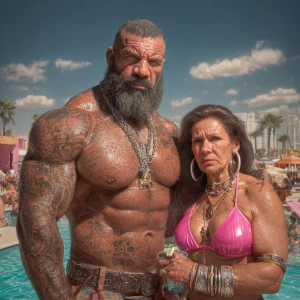 Hyperrealism ,a latin muscular beefy bearded tattoed sweaty ma...
