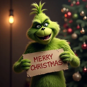 The Grinch l crying he'sholding a sign saying MERRY CHRISTMAS,...