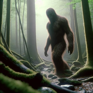 A humanoid looking hair covered sasquatch hidding behind trees i...