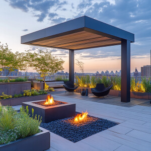 Design a modern rooftop garden featuring a sleek, minimalist gaz...
