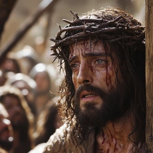 A close-up, gritty cinematic shot of Jesus's face, etched with p...