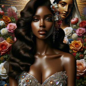 Visualize a stunning bride with a rich blend of african-American Latino heritage, her skin glowing with a soft, warm hue. Her elegant gown, a masterpiece of design, is intricately adorned with sparkling jewels that catch the light with every movement, creating a mesmerizing effect. Her long, wavy dark hair frames her face beautifully, enhancing her radiant beauty. Behind her, the backdrop is alive with an explosion of colorful flowers, each petal and leaf adding vibrancy to the scene. Amidst this floral abundance, the serene face of a brown Jesus is subtly integrated into the background, bestowing a sense of divine grace and tranquility to the composition. This image captures a moment of exquisite beauty, spiritual depth, and the celebration of love. Face of a African-American Jesus should be in the background.