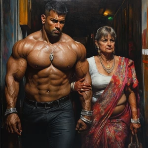 Photorealism,realism,a bodybuilder man ,walking with his 50 year...