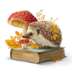 Rich autumn colors hedgehog with mushroom, vintage book style, i...