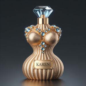 Create a 3-D realistic gold and blue, colorful jewels perfume b...