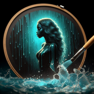 black shower background, turquoise glow. light skin African-Amer...