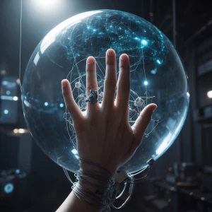 A static shot: A translucent hand suspended in the air controls...