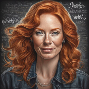 Photorealistic image. Chalk drawing . Ginger haired woman. Word...