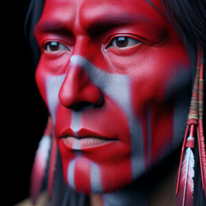 Native american Indian with red paint on their face in a strikin...