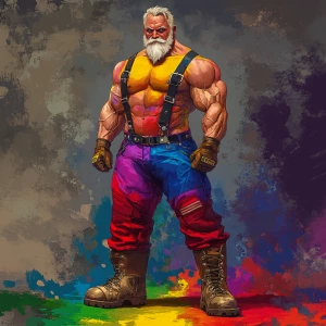 Create an image of a muscular bodybuilder with gray hair and a w...