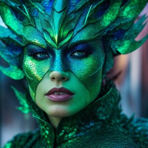 fusion woman dragon, iridescent  cracked and weathered scales, f...