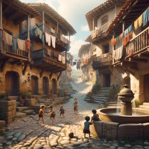 A quiet village street with cobblestone pathways, children playi...